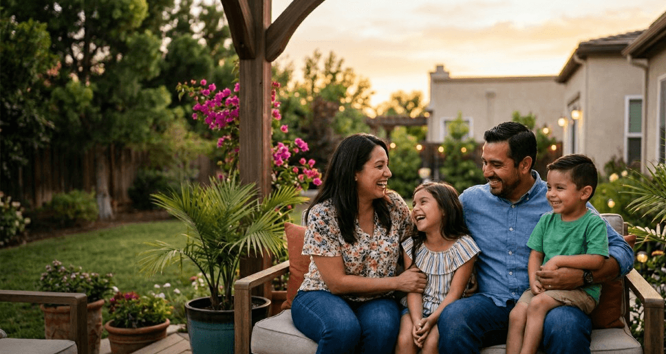Smiling Latino family on the patio at golden hour